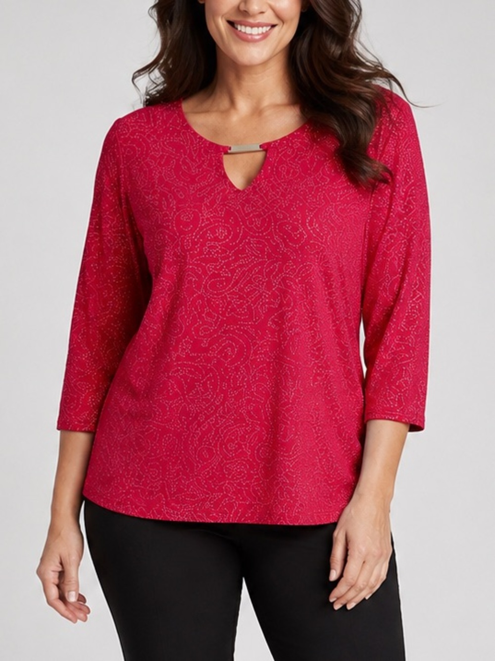 🆕🌹JM Collection Red Jacquard Knit Sparkle Top Glam Blouse SizeXL Party Christmas